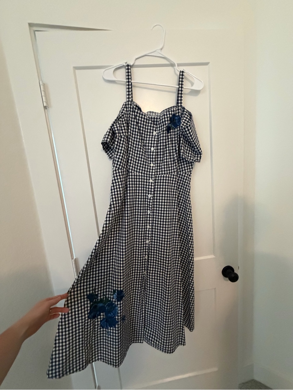 Warehouse Blue and White Gingham Midi Dress with Blue Floral Appliqué